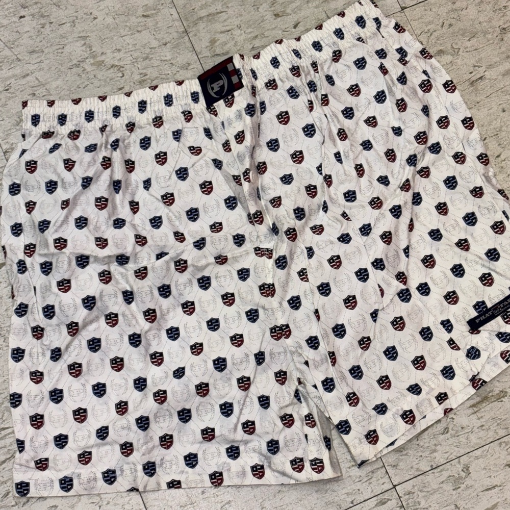 Phat Farm White Shorts with Red and Blue Shield Pattern